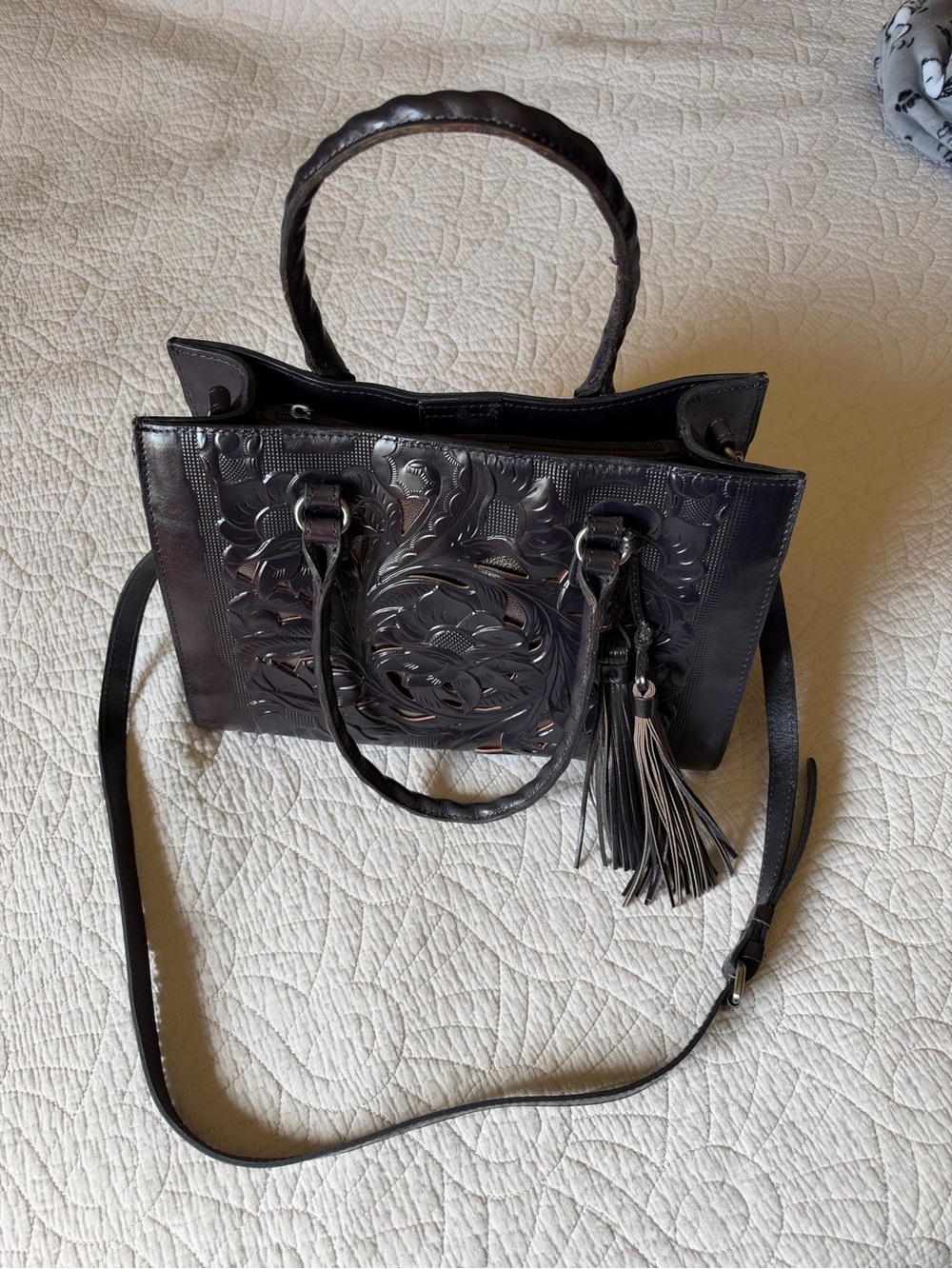 Patricia Nash smoke leather tooled satchel with shoulder strap